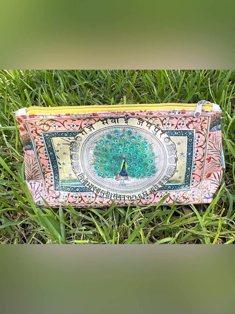 Papaya Pink and Green Peacock Zip Cosmetic Pouch - Picture 5 of 8